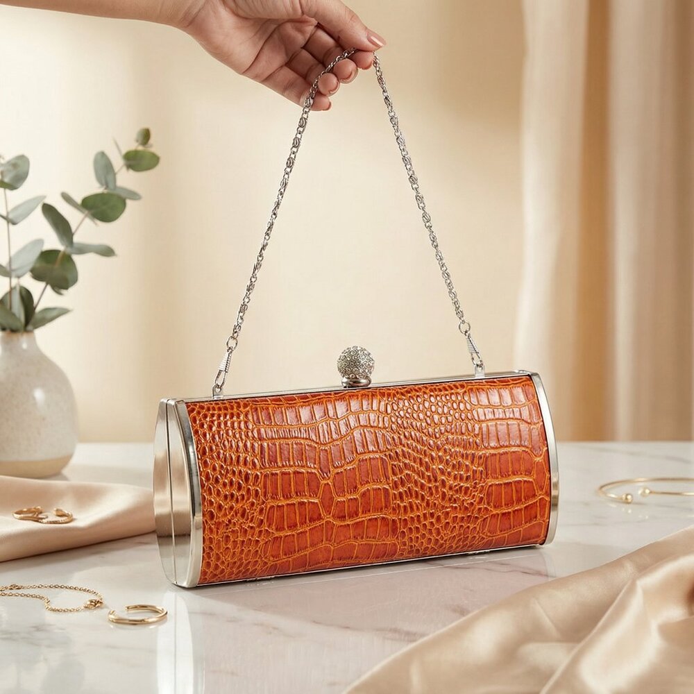 Retro Bar Clutch Crocodile Embossed Evening Bag, Silver Frame Kiss Lock Purse, M